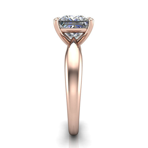 Natalie princess solitaire engagement ring in 14K Rose Gold on a tapered plain band, side profile showing the tapered plain band and bypass gallery