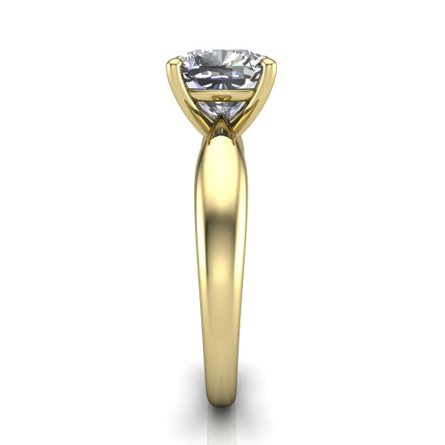 Natalie cushion solitaire engagement ring in 18K Yellow Gold on a tapered plain band, side profile showing the tapered plain band and bypass gallery