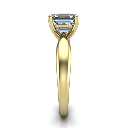 Natalie asscher solitaire engagement ring in 14K Yellow Gold on a tapered plain band, side profile showing the tapered plain band and bypass gallery