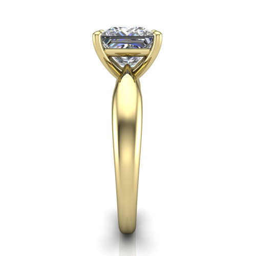 Natalie princess solitaire engagement ring in 14K Yellow Gold on a tapered plain band, side profile showing the tapered plain band and bypass gallery