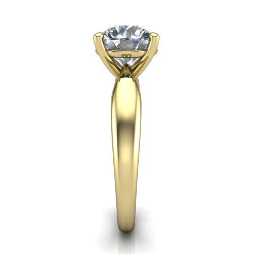 Natalie round solitaire engagement ring in 18K Yellow Gold on a tapered plain band, side profile showing the tapered plain band and bypass gallery
