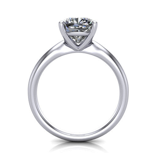 Natalie cushion solitaire engagement ring in Platinum on a tapered plain band, through-finger front profile