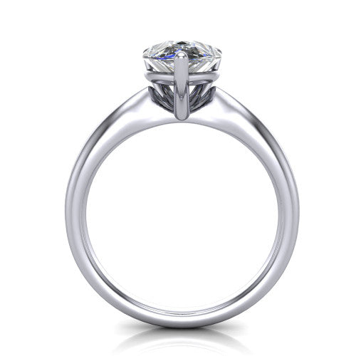 Natalie pear solitaire engagement ring in Platinum on a tapered plain band, through-finger front profile