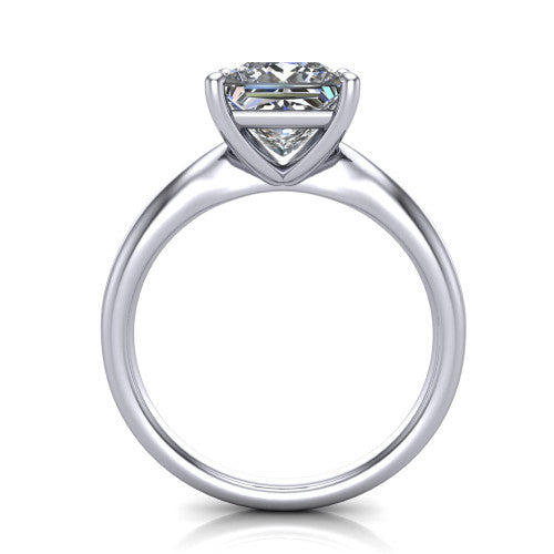 Natalie princess solitaire engagement ring in Platinum on a tapered plain band, through-finger front profile