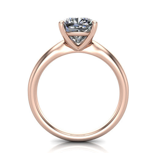 Natalie cushion solitaire engagement ring in 18K Rose Gold on a tapered plain band, through-finger front profile