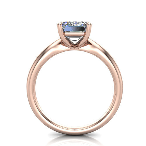 Natalie emerald solitaire engagement ring in 14K Rose Gold on a tapered plain band, through-finger front profile