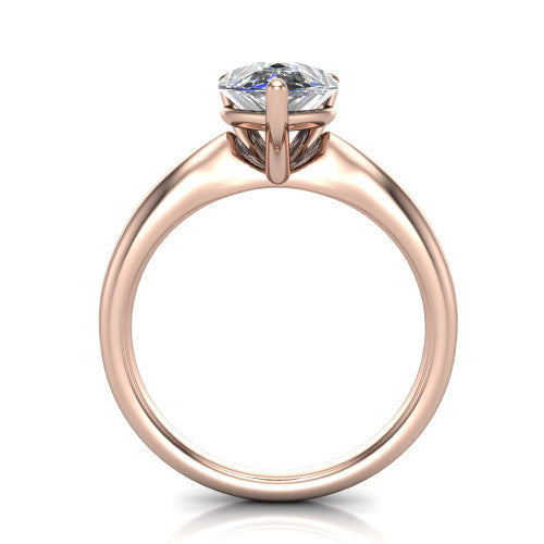 Natalie pear solitaire engagement ring in 18K Rose Gold on a tapered plain band, through-finger front profile