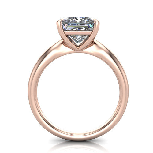 Natalie princess solitaire engagement ring in 14K Rose Gold on a tapered plain band, through-finger front profile