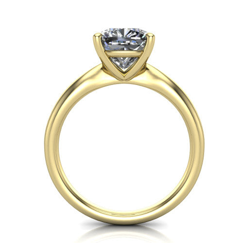 Natalie cushion solitaire engagement ring in 18K Yellow Gold on a tapered plain band, through-finger front profile