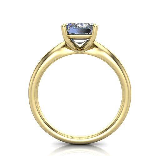 Natalie emerald solitaire engagement ring in 14K Yellow Gold on a tapered plain band, through-finger front profile
