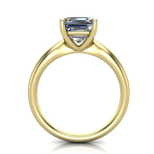 Natalie asscher solitaire engagement ring in 18K Yellow Gold on a tapered plain band, through-finger front profile