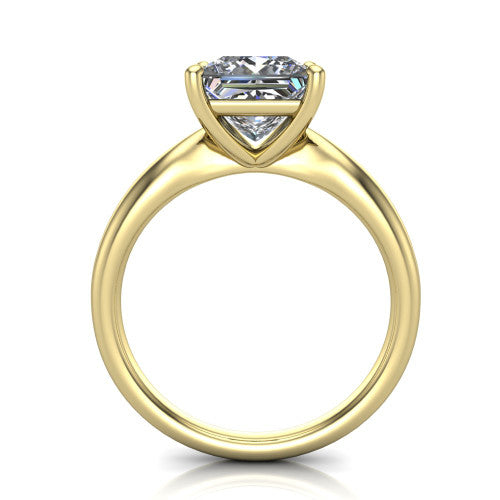 Natalie princess solitaire engagement ring in 14K Yellow Gold on a tapered plain band, through-finger front profile