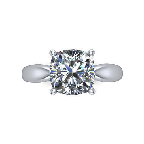 Natalie cushion solitaire engagement ring in Platinum on a tapered plain band, top-down view of the four-prong head and crossover gallery