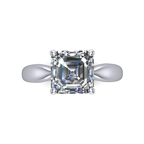 Natalie asscher solitaire engagement ring in 18K White Gold on a tapered plain band, top-down view of the four-prong head and crossover gallery