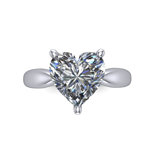Natalie heart solitaire engagement ring in 14K White Gold on a tapered plain band, top-down view of the four-prong head and crossover gallery