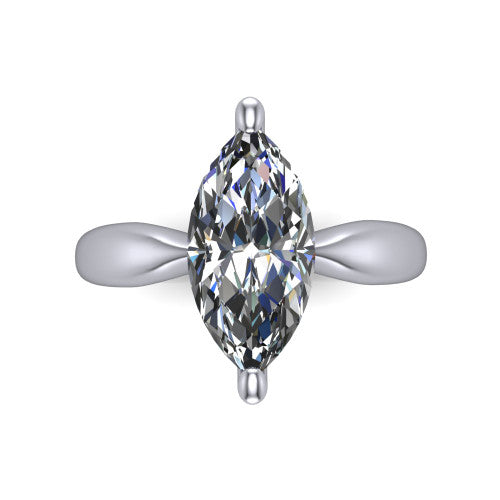 Natalie marquise solitaire engagement ring in 14K White Gold on a tapered plain band, top-down view of the four-prong head and crossover gallery