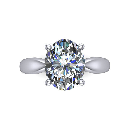 Natalie oval solitaire engagement ring in 14K White Gold on a tapered plain band, top-down view of the four-prong head and crossover gallery