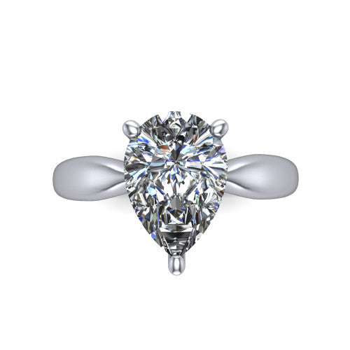 Natalie pear solitaire engagement ring in 18K White Gold on a tapered plain band, top-down view of the four-prong head and crossover gallery