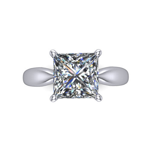 Natalie princess solitaire engagement ring in 14K White Gold on a tapered plain band, top-down view of the four-prong head and crossover gallery