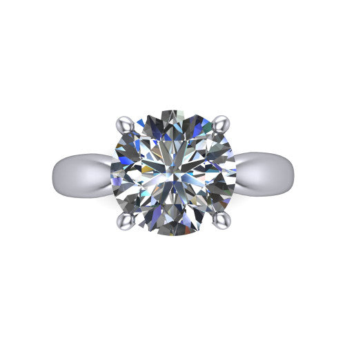 Natalie round solitaire engagement ring in Platinum on a tapered plain band, top-down view of the four-prong head and crossover gallery