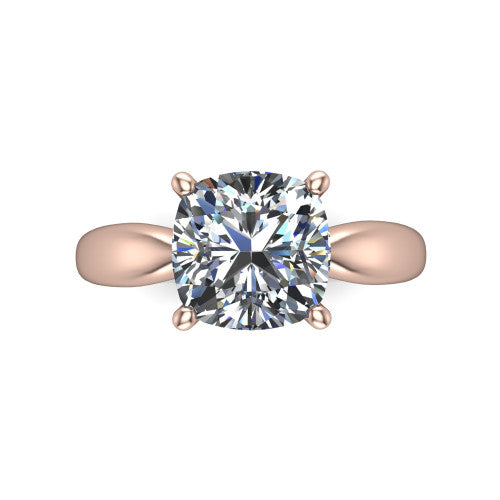 Natalie cushion solitaire engagement ring in 14K Rose Gold on a tapered plain band, top-down view of the four-prong head and crossover gallery