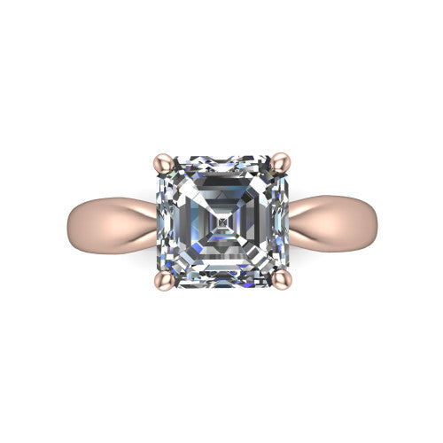 Natalie asscher solitaire engagement ring in 18K Rose Gold on a tapered plain band, top-down view of the four-prong head and crossover gallery