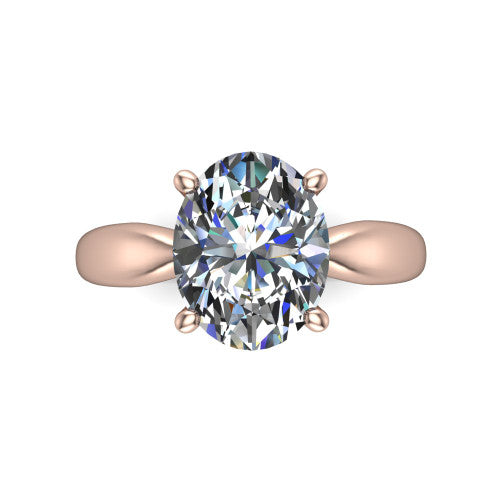 Natalie oval solitaire engagement ring in 18K Rose Gold on a tapered plain band, top-down view of the four-prong head and crossover gallery