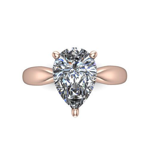 Natalie pear solitaire engagement ring in 14K Rose Gold on a tapered plain band, top-down view of the four-prong head and crossover gallery