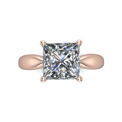 Natalie princess solitaire engagement ring in 14K Rose Gold on a tapered plain band, top-down view of the four-prong head and crossover gallery