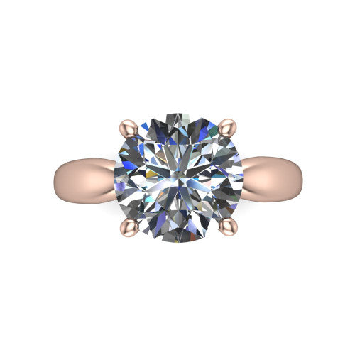 Natalie round solitaire engagement ring in 14K Rose Gold on a tapered plain band, top-down view of the four-prong head and crossover gallery