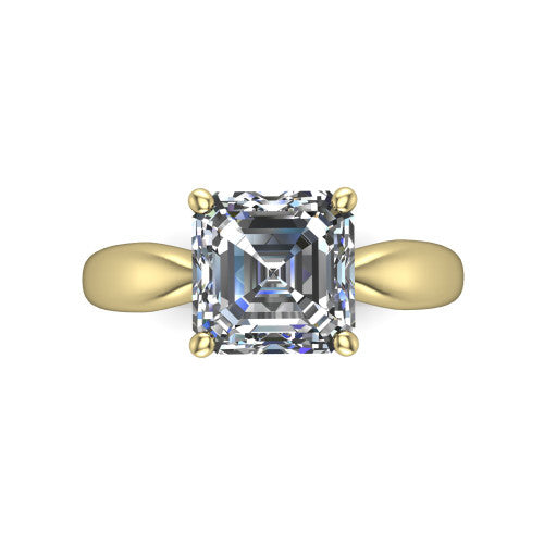 Natalie asscher solitaire engagement ring in 18K Yellow Gold on a tapered plain band, top-down view of the four-prong head and crossover gallery