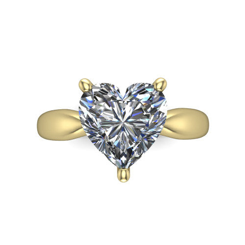 Natalie heart solitaire engagement ring in 14K Yellow Gold on a tapered plain band, top-down view of the four-prong head and crossover gallery