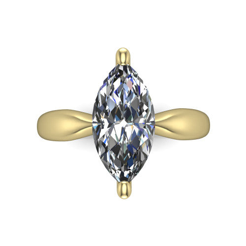 Natalie marquise solitaire engagement ring in 14K Yellow Gold on a tapered plain band, top-down view of the four-prong head and crossover gallery