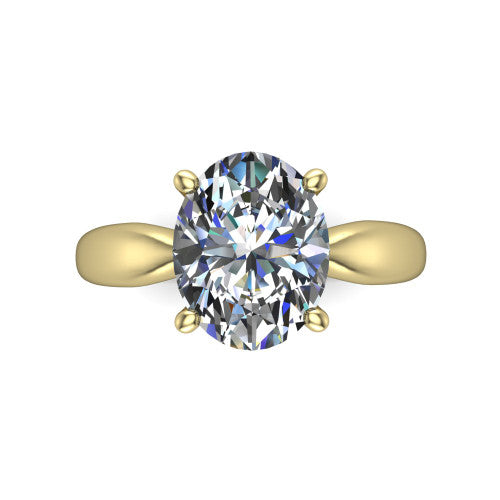 Natalie oval solitaire engagement ring in 18K Yellow Gold on a tapered plain band, top-down view of the four-prong head and crossover gallery