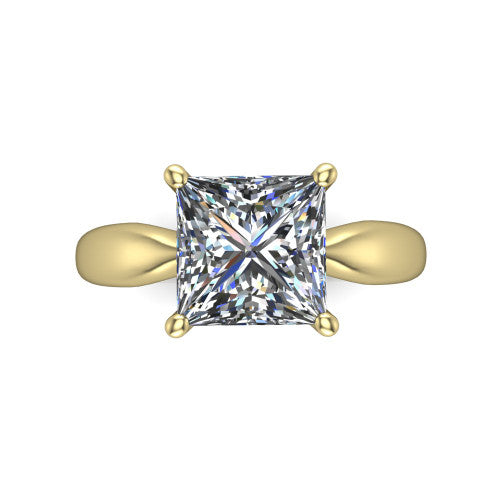 Natalie princess solitaire engagement ring in 18K Yellow Gold on a tapered plain band, top-down view of the four-prong head and crossover gallery