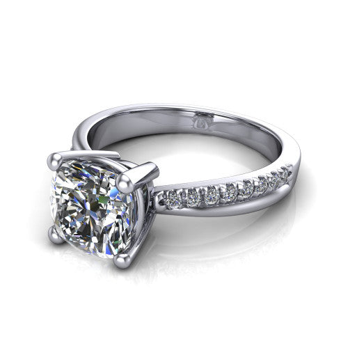 Everly cushion solitaire engagement ring in Platinum with micro-pavé band, three-quarter perspective view