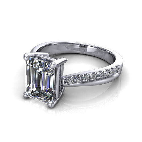 Everly emerald solitaire engagement ring in 18K White Gold with micro-pavé band, three-quarter perspective view