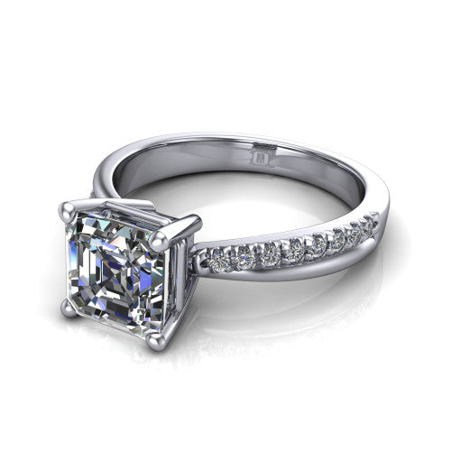 Everly asscher solitaire engagement ring in 18K White Gold with micro-pavé band, three-quarter perspective view