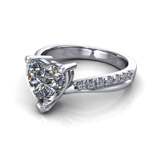 Everly heart solitaire engagement ring in Platinum with micro-pavé band, three-quarter perspective view