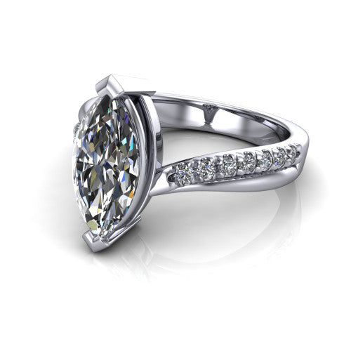 Everly marquise solitaire engagement ring in 14K White Gold with micro-pavé band, three-quarter perspective view