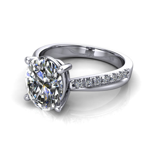 Everly oval solitaire engagement ring in 18K White Gold with micro-pavé band, three-quarter perspective view
