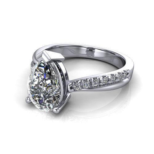 Everly pear solitaire engagement ring in 18K White Gold with micro-pavé band, three-quarter perspective view
