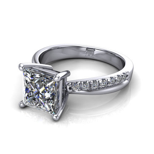 Everly princess solitaire engagement ring in 18K White Gold with micro-pavé band, three-quarter perspective view