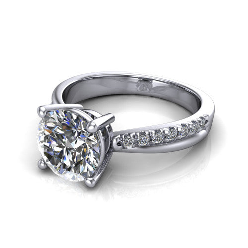 Everly round solitaire engagement ring in 18K White Gold with micro-pavé band, three-quarter perspective view