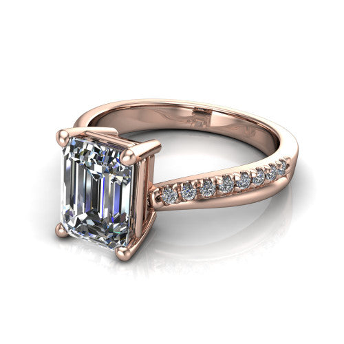 Everly emerald solitaire engagement ring in 14K Rose Gold with micro-pavé band, three-quarter perspective view