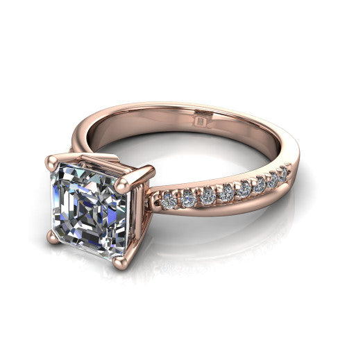 Everly asscher solitaire engagement ring in 18K Rose Gold with micro-pavé band, three-quarter perspective view