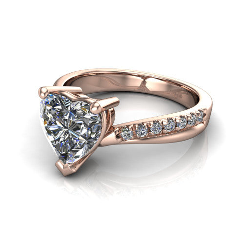 Everly heart solitaire engagement ring in 14K Rose Gold with micro-pavé band, three-quarter perspective view