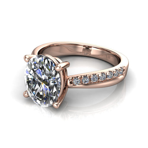 Everly oval solitaire engagement ring in 18K Rose Gold with micro-pavé band, three-quarter perspective view