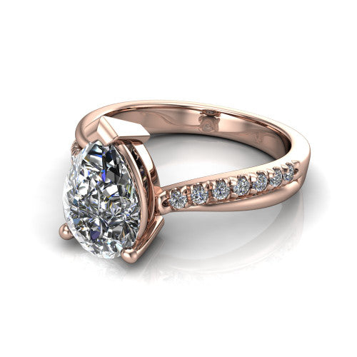 Everly pear solitaire engagement ring in 18K Rose Gold with micro-pavé band, three-quarter perspective view