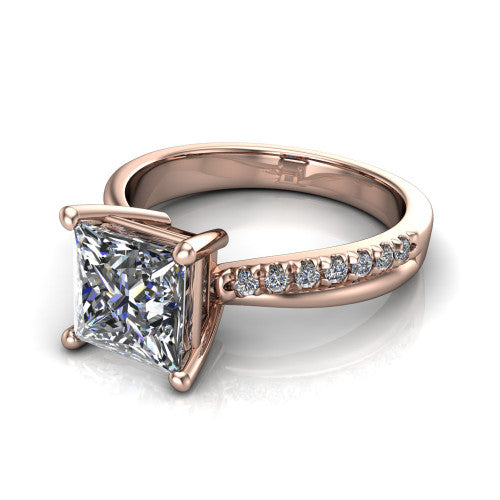 Everly princess solitaire engagement ring in 14K Rose Gold with micro-pavé band, three-quarter perspective view